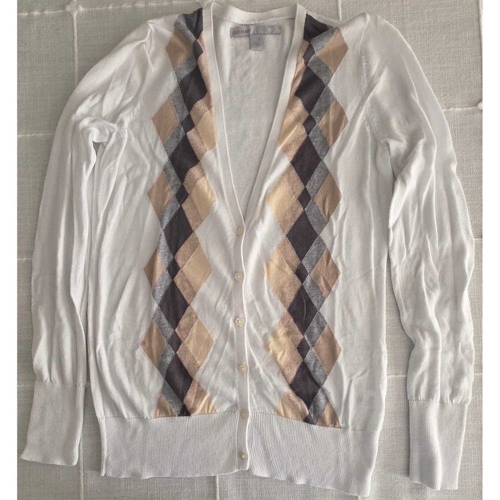Old Navy Womens Argyle Cardigan White Tan Grey V-Neck Button Front Sweater Small